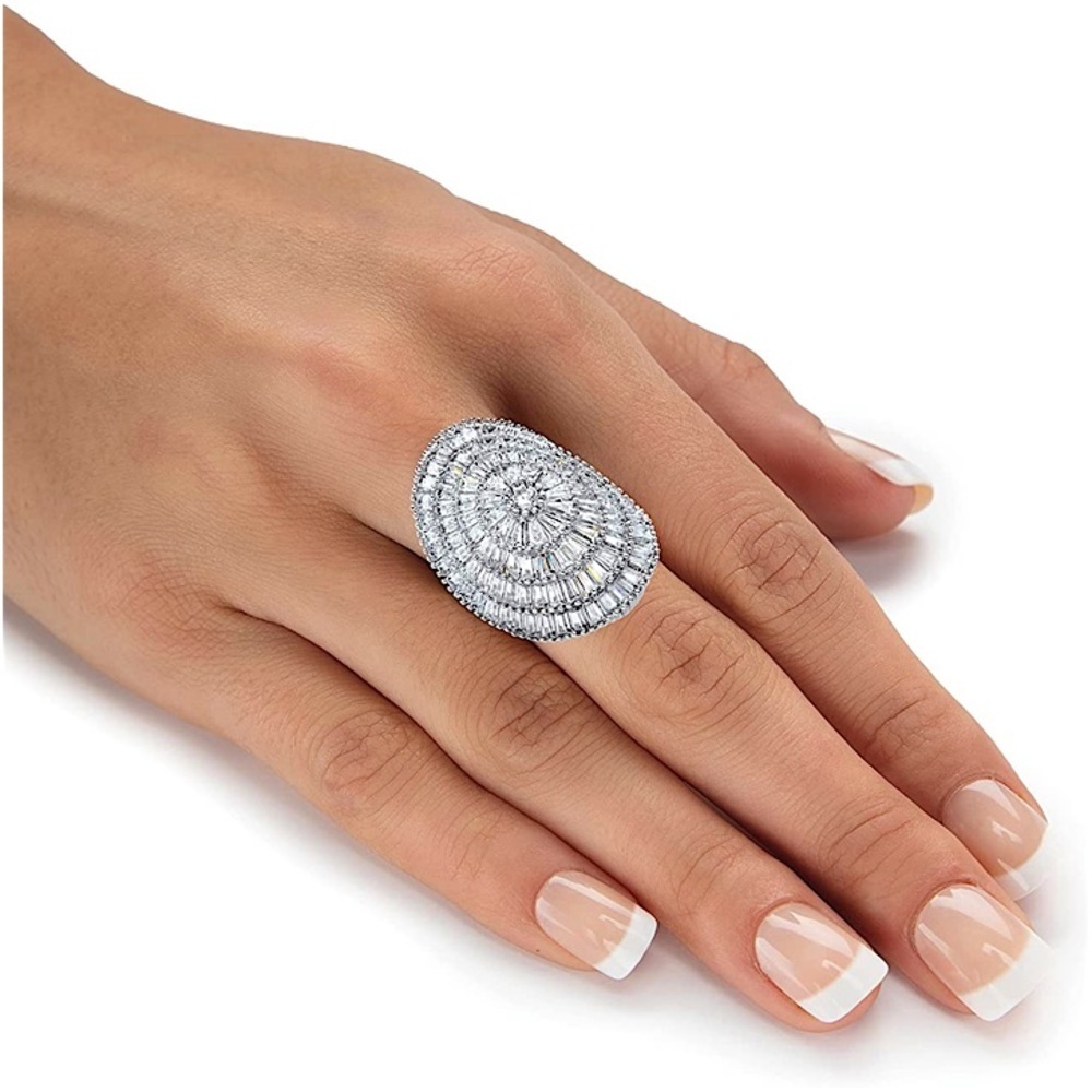 Sterling Silver Baguette Zircon Ring Statement Pave